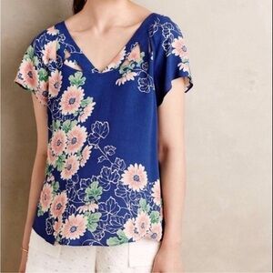 Maeve Anthropologie Women’s Tri Cut Floral V Neck Short Cap Sleeve Blouse Blue 6